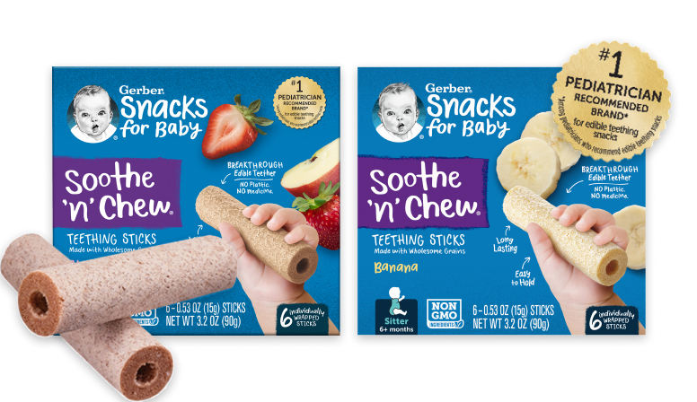 Gerber Soothe 'n' Chew Teething Sticks products boxed  in two flavors. #1 Pediatrician recommended brand for edible teething snacks among Pediatricians who recommend edible teethers.