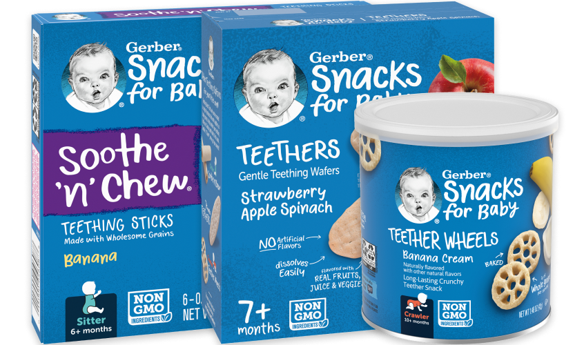 Gerber Edible Teethers products in three varieties: Soothe 'n' Chew, Teether Wafers, and Teether Wheels.