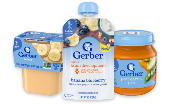 Gerber banana pure, Banana blueberry pouch, pear carrot pea jar pure