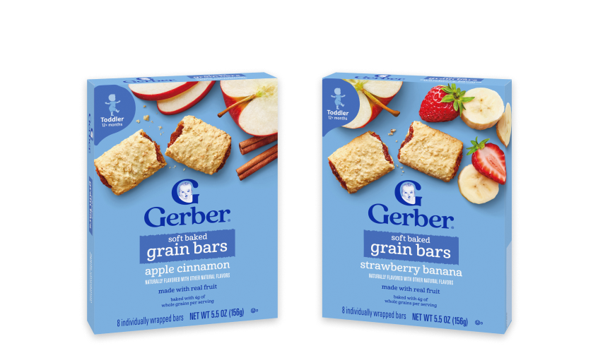 Gerbersoft baked grain bar snacks in two flavors: Apple cinnamon and strawberry banana.