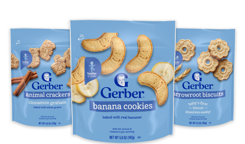 Gerber animal crackers, banana cookies, arrowroot biscuits. Baby led friendly.