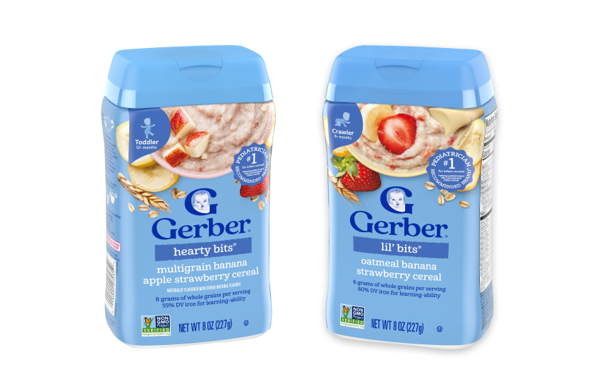 Gerber Lil' Bits Cereal in Oatmeal banana strawberry and Whole wheat apple blueberry.