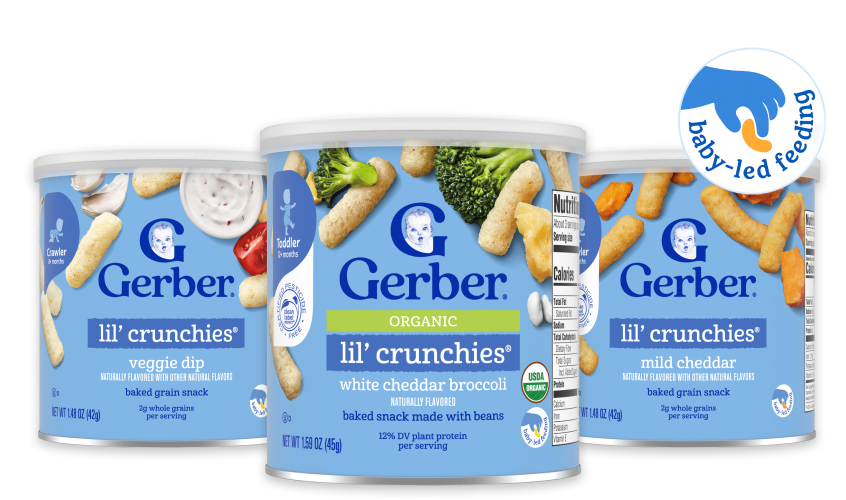 Gerber Lil' Crunchies baked snack containers in three flavors: Veggie dip, white cheddar broccoli, and mild cheddar. Baby led friendly.