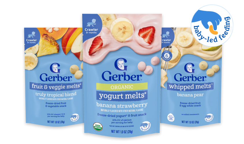 Gerber melt snack packages in three varieties: Fruit and veggie melts, yogurt melts, and whipped melts. Baby led friendly.