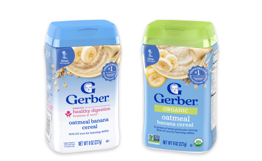 Gerber Multi-Grains and Fruits cereal products in two varieties: Probiotic oatmeal banana and Organic Grain and Grow oatmeal banana.