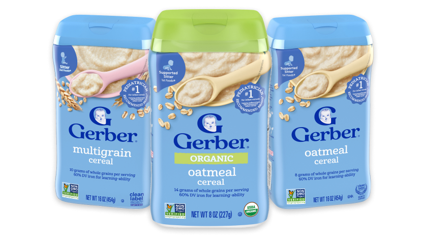 Gerber Plain Grain Cereal products in 3 varieties: Grain and Grow multigrain, Orgranic Grain and Grow oatmeal, and Rice cereal.