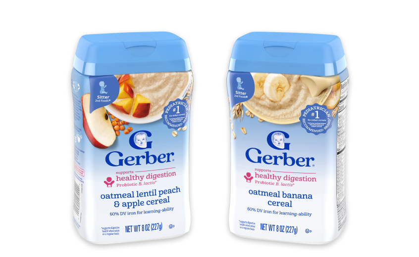Gerber Probiotic cereal in three varieties: Oatmeal, lentil, peach, and apple cereal. Oatmeal banana cereal.