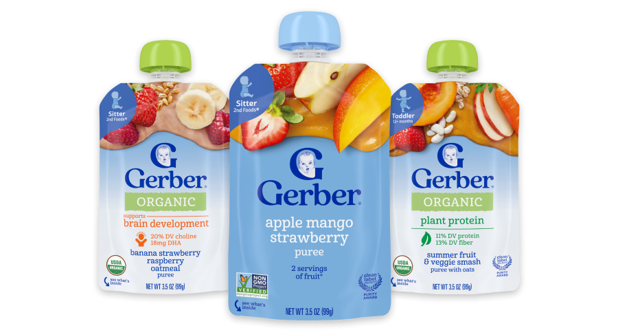 Gerber Pouches for Toddlers in three varities: organic banana strawberry raspberry oatmeal, Apple mango strawberry, summer fruit