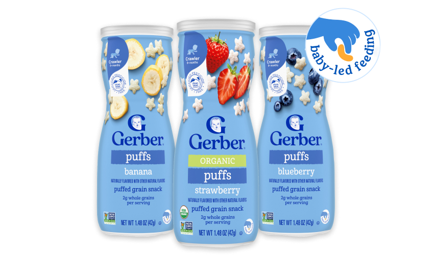Gerber Grain and grow puffs snack containers in three flavors: Banana, cranberry orange, and blueberry. Baby led friendly.