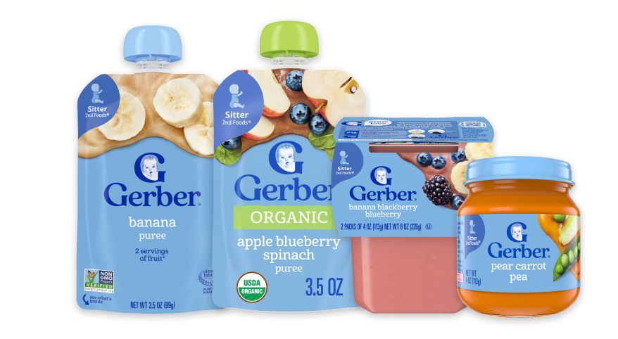 Gerber banana pure, Banana blueberry pouch, pear carrot pea jar pure