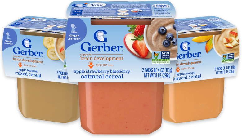 Gerber Grain and Grow ready-to-eat cereal purees in 3 varieties: Apple banana mixed cereal, Apple strawberry blueberry oatmeal cereal, and Apple mango oatmeal cereal.