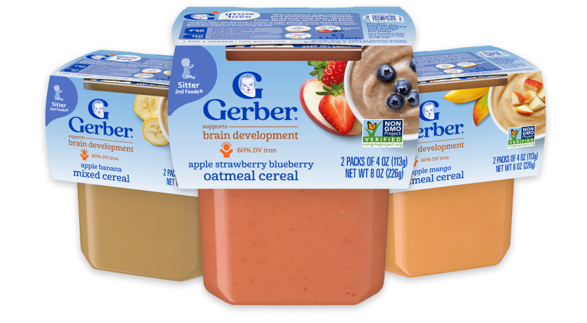 Ready to eat purees, Apple banana mixed cereal, Apple strawberry blueberry oatmeal cereal, apple mango oatmeal cereal