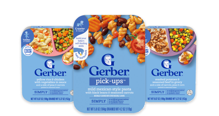 Gerber toddler entrees: Yellow rice & chicken, mild mexican style pasta, mashed potatoes and seasoned beef