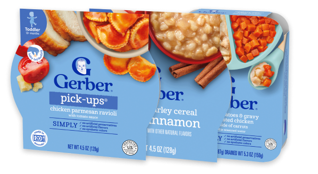 Gerber toddler foods products showing Pick-ups Chicken PArm Ravioli, a breakfast bowl, and toddler entree