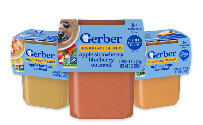 Gerber Grain and Grow ready-to-eat cereal purees in 3 varieties: Apple banana mixed cereal, Apple strawberry blueberry oatmeal cereal, and Apple mango oatmeal cereal.