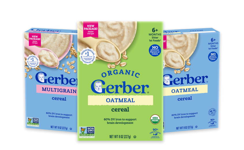 Gerber Plain Grain Cereal products in 3 varieties: Grain and Grow multigrain, Orgranic Grain and Grow oatmeal, and Rice cereal.