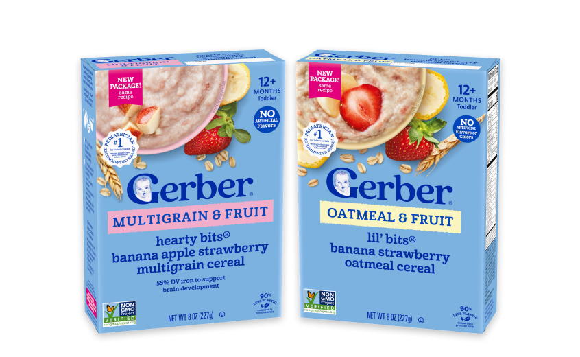 Gerber Lil' Bits Cereal in Oatmeal banana strawberry and Whole wheat apple blueberry.