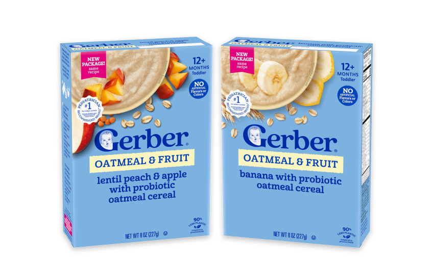 Gerber Probiotic cereal in three varieties: Oatmeal, lentil, peach, and apple cereal. Oatmeal banana cereal.