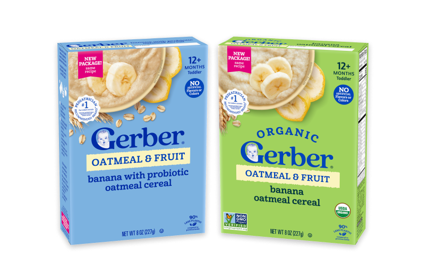 Gerber Multi-Grains and Fruits cereal products in two varieties: Probiotic oatmeal banana and Organic Grain and Grow oatmeal banana.
