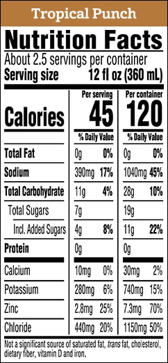 Gerberlyte Tropical Punch Nutrition Label