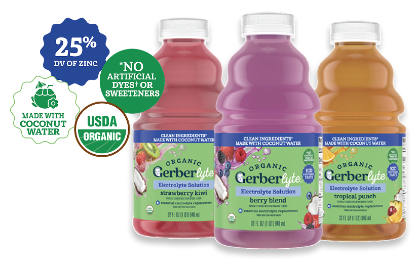 Organic Gerberlyte Electrolyte Solution — Strawberry Kiwi, Berry Blend, and Tropical Punch — with 25% DV zinc, made with coconut water, USDA Organic, and no artificial dyes or sweeteners.