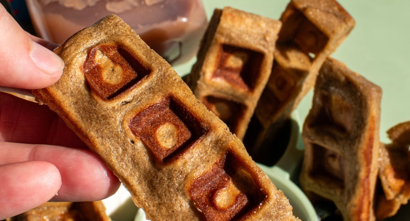 Close-up view of apple blueberry waffle sticks made with Gerber blueberry puree.