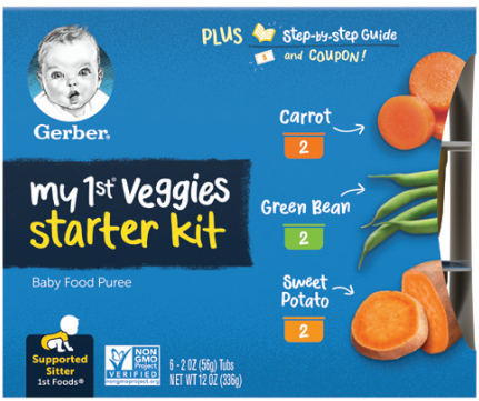 Gerber my first veggies starter kit with 2-packs of carrot, green bean, and sweet potato food purees.