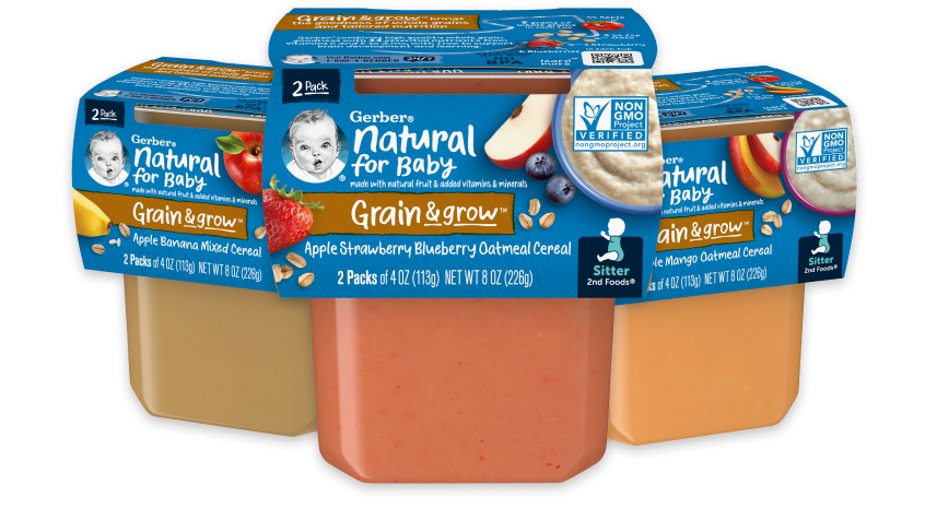 Gerber Grain and Grow ready-to-eat cereal purees in 2-pack tubs. Apple banana mixed, apple strawberry blueberry oatmeal, and apple mango oatmeal  